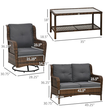 Outsunny 4 Piece PE Rattan Patio Furniture Set with 2 Swivel Rockers, 2-Tier Glass Table &amp; Loveseat, Gray - 860-257V00MB