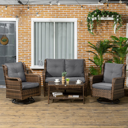 Outsunny 4 Piece PE Rattan Patio Furniture Set with 2 Swivel Rockers, 2-Tier Glass Table &amp; Loveseat, Gray - 860-257V00MB