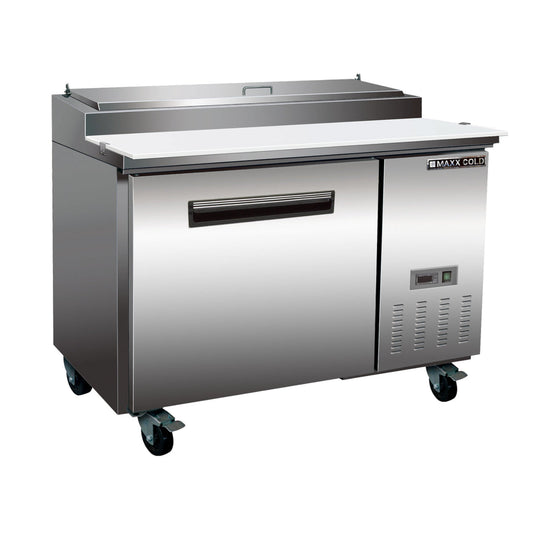 Maxx Cold MXCPP50HC One-Door Refrigerated Pizza Prep Table, 47.4”W, 12 cu. ft. Storage, (6) 4” Deep Pans, Cutting Board - MXCPP50HC