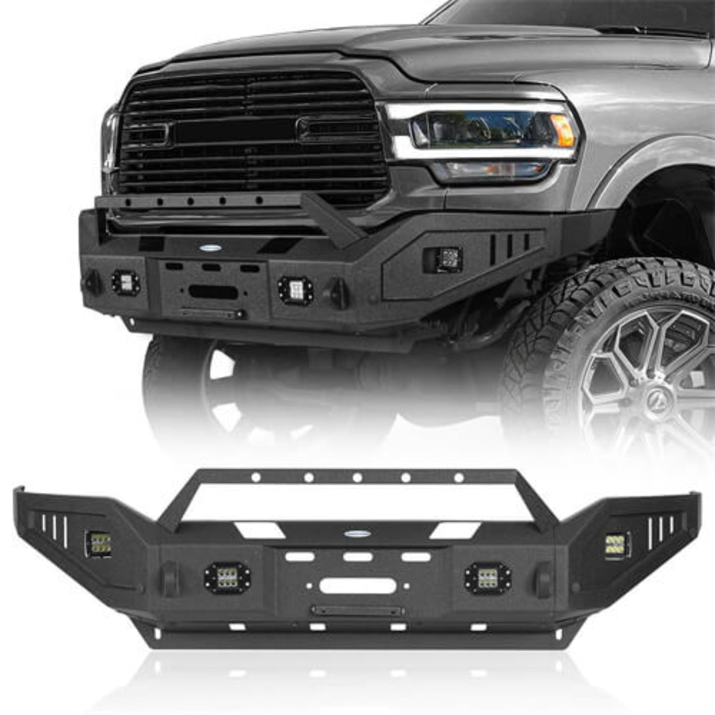 Hooke Road Aftermarket Full Width Front Bumper w/ Winch Plate & LED Lights (2019-2024 Ram 2500 3500) - HE.6305A+HE.6305B