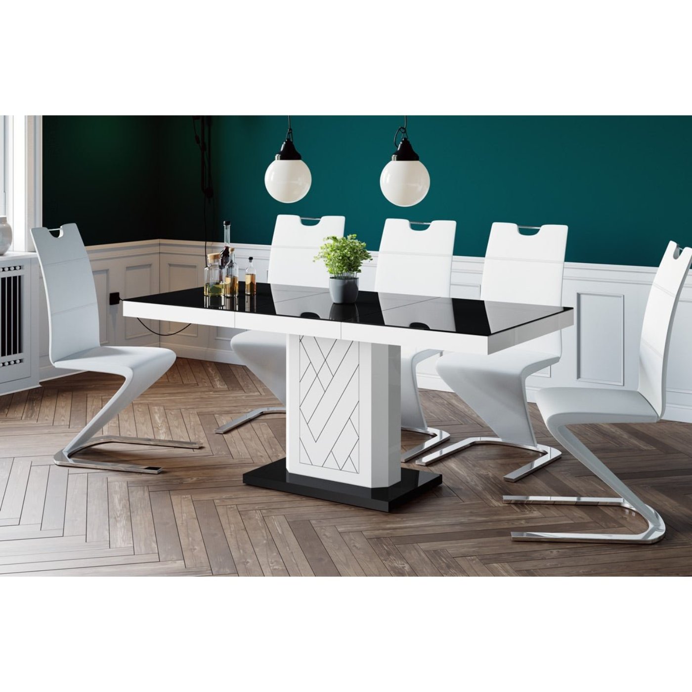 Maxima House Dining Set IVA 7 pcs. modern white glossy Dining Table with 1self-starting leaf plus 6 chairs - HU0064K-188B