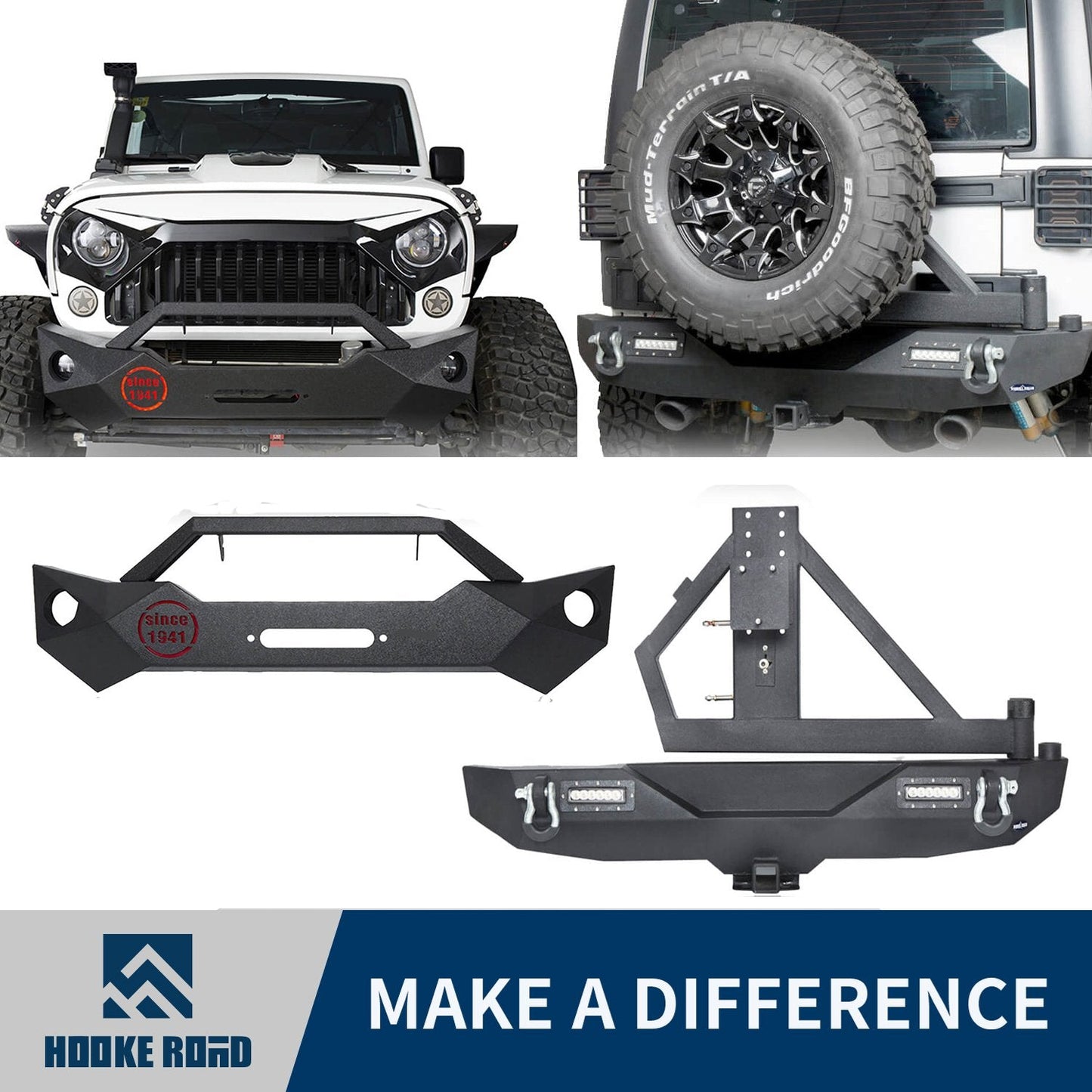 Hooke Road Rock Crawler Stubby Front Bumper & Different Trail Rear Bumper w/Tire Carrier Combo(07-18 Jeep Wrangler JK JKU) - HE.2055+HE.2028A+HE.2028B