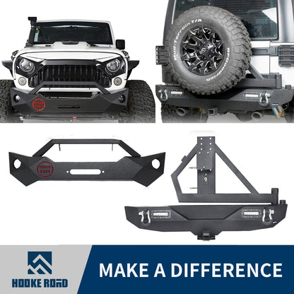 Hooke Road Rock Crawler Stubby Front Bumper & Different Trail Rear Bumper w/Tire Carrier Combo(07-18 Jeep Wrangler JK JKU) - HE.2055+HE.2028A+HE.2028B