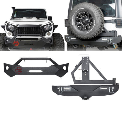 Hooke Road Rock Crawler Stubby Front Bumper & Different Trail Rear Bumper w/Tire Carrier Combo(07-18 Jeep Wrangler JK JKU) - HE.2055+HE.2028A+HE.2028B