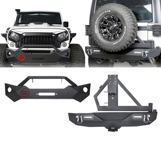 Hooke Road Rock Crawler Stubby Front Bumper & Different Trail Rear Bumper w/Tire Carrier Combo(07-18 Jeep Wrangler JK JKU) - HE.2055+HE.2028A+HE.2028B