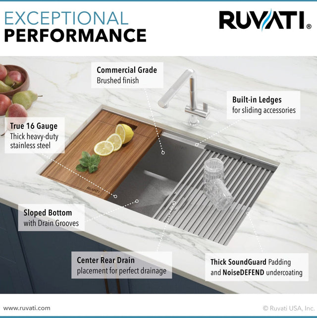 Ruvati Roma 32-inch Workstation Ledge Undermount 16 Gauge Stainless Steel Kitchen Sink Single Bowl - RVH8300