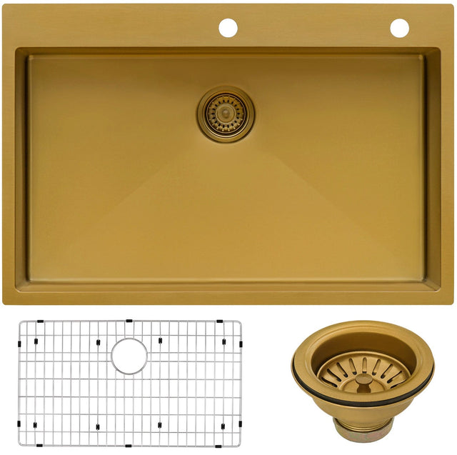 Ruvati Terraza 33 x 22 inch Satin Brass Matte Gold Stainless Steel Drop-in Topmount Kitchen Sink Single Bowl - RVH5005GG