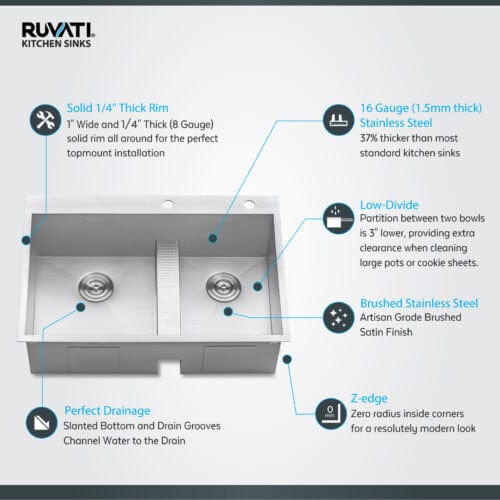 Ruvati Tirana 33" Drop-In Low Platform-Divide Zero Radius 60/40 Double Bowl 16 Gauge Topmount Kitchen Sink - RVH8059