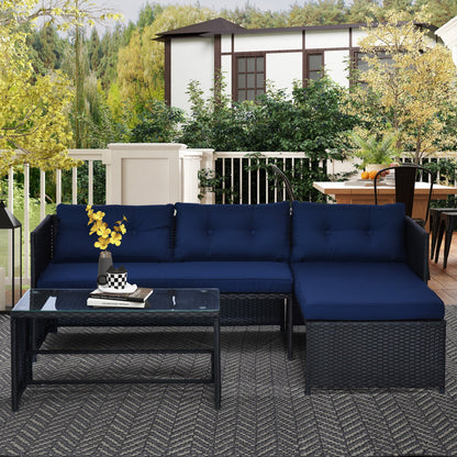 Outsunny 3 Piece Outdoor L-Shaped Rattan Patio Furniture Set with Sofa, Table and Cushions, Blue - 841-121BU