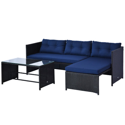 Outsunny 3 Piece Outdoor L-Shaped Rattan Patio Furniture Set with Sofa, Table and Cushions, Blue - 841-121BU