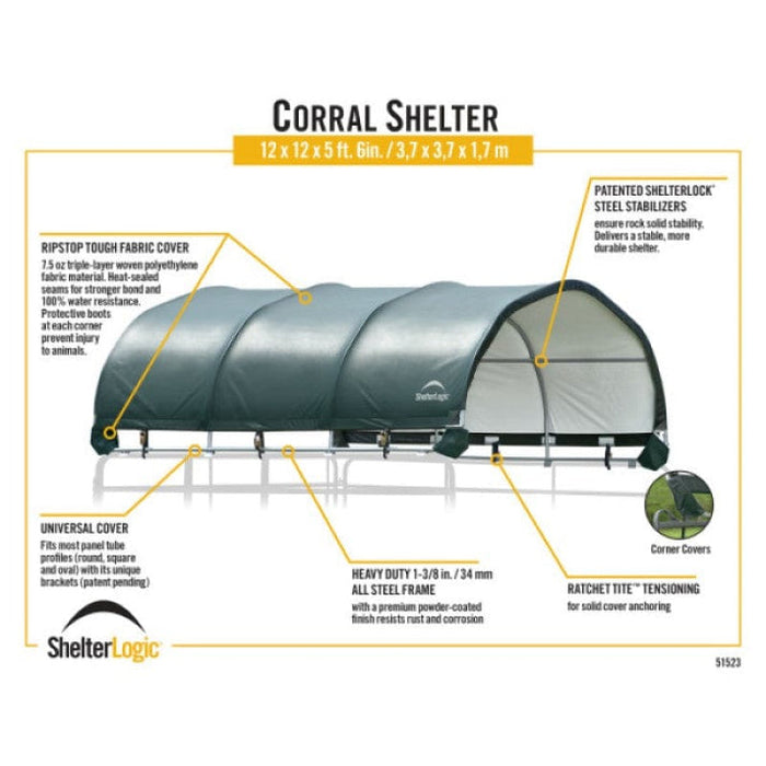 ShelterLogic | Corral Shelter Livestock Shade 12' X 12' - 1 3/8" 7.5 oz. Green Cover Corral panels not included