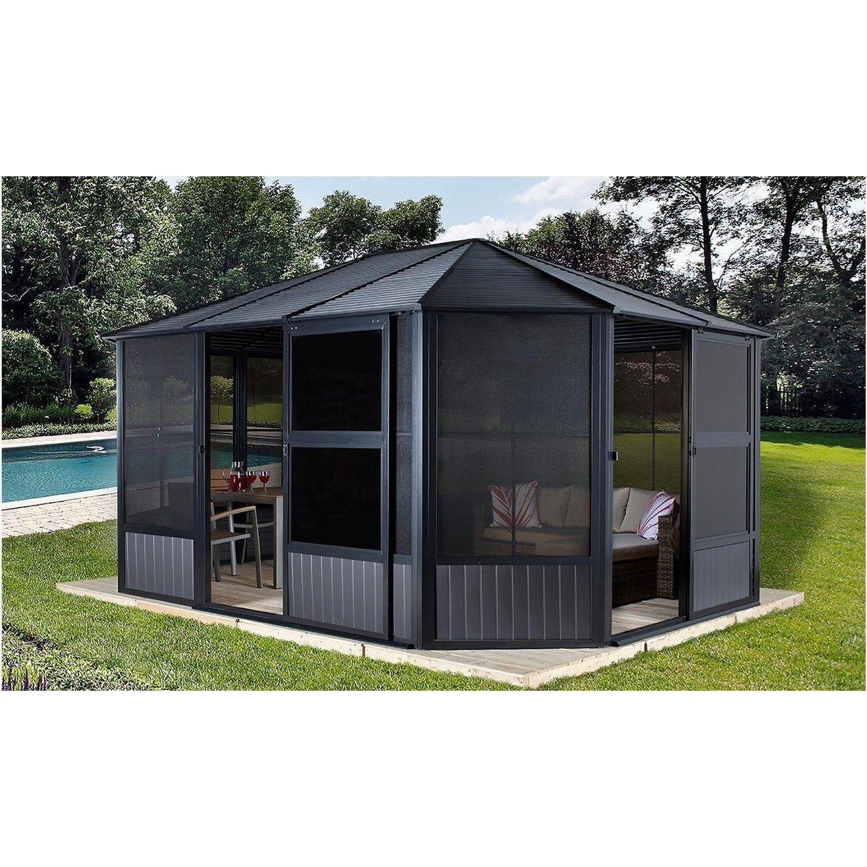 Sojag™ Charleston Solarium 4-Season Sunroom Kit / Patio Gazebo - Dark Gray with Steel Roof