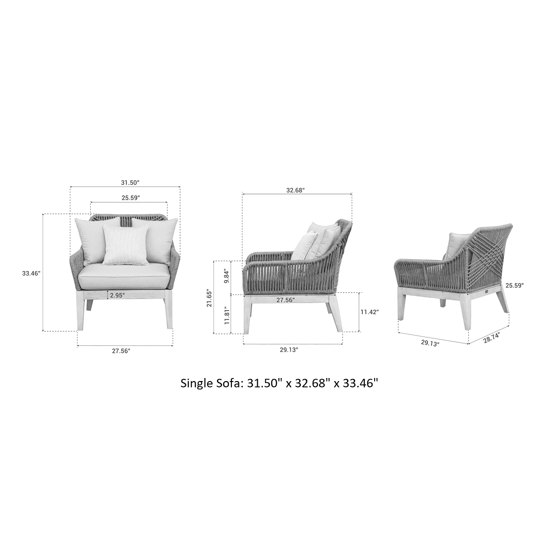 OUTSY Solana 4-Piece Outdoor and Backyard Wood, Aluminum and Rope Furniture Set - 0ASOL-W10-GR-R