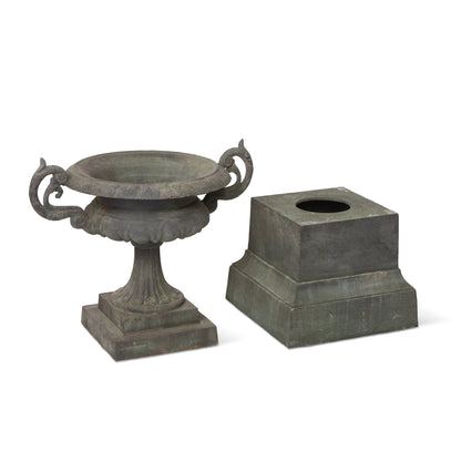 Park Hill Collection Cast Iron Terrace Urn on Plinth – Elegant Weathered Metal Planter for Stunning Outdoor Décor - ECM36144