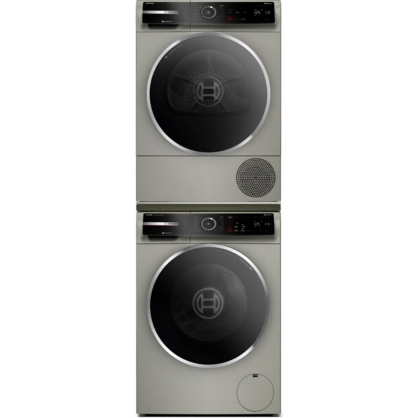 Bosch WGB246AXUC 24 Inch Smart Front Load Washer Bosch WQB245AXUC 24 Inch Compact Heat Pump Dryer with Bosch WTZ2751XUC Laundry Stacking Kit for Compact Front Load Washer &amp; Dryer in Grey - Bosch-WGB246AXUC-WQB245AXUC-WTZ2751XUC