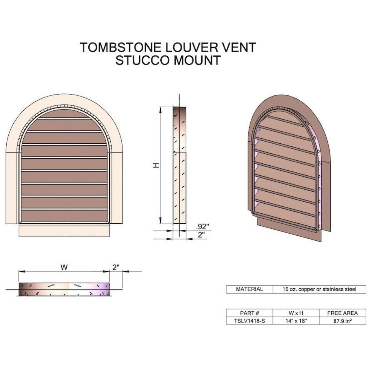 Copperlab Stainless Steel Tombstone Louvered Gable Wall Vent -  SWLVT1218F
