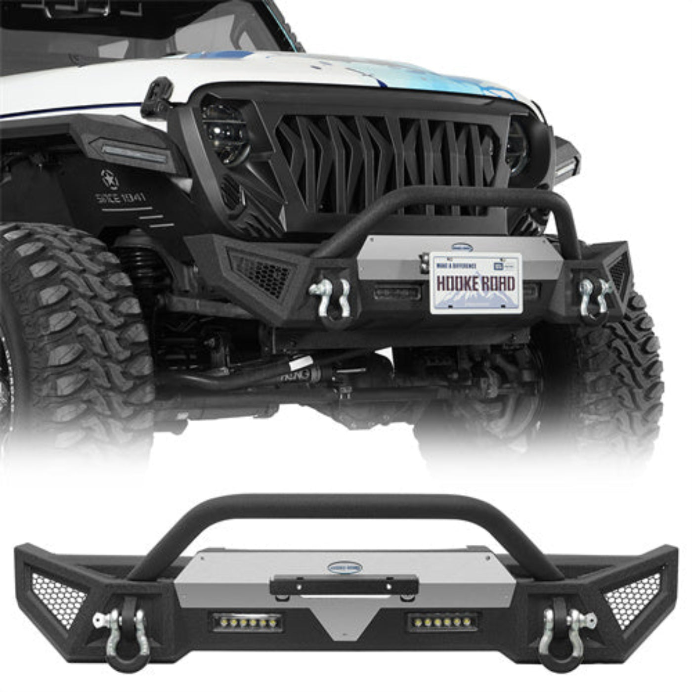 Hooke Road Stubby Front Bumper w/ Bull Bar & Winch plate (18-25 Jeep Wrangler JL &  20-25 Gladiator JT) - HE.3091