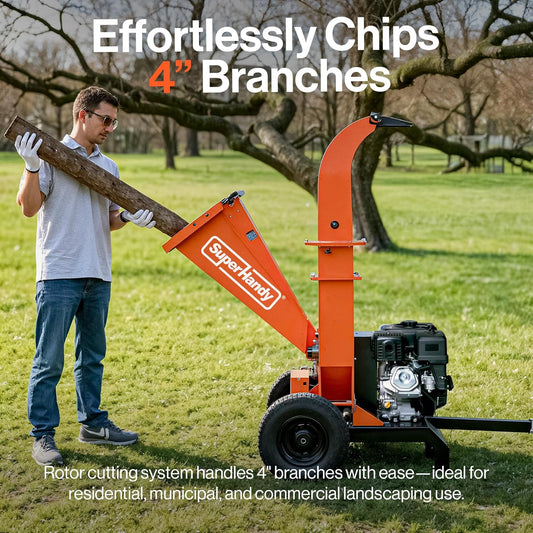 SuperHandy Towable Wood Chipper – 4 in. Chipping Capacity, 15HP Gas Engine, 13 in. Wheels, Electric Start, Trailer-Ready with 2 in. Coupler - GUO141-FBA