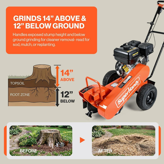 Superhandy 15HP Gas Powered Stump Grinder, 420cc 4-Stroke Engine, 8 Tungsten Carbide Teeth, Towable Design with 13" Pneumatic Tires for Heavy-Duty Wood Stump Removal - GUO151-FBA