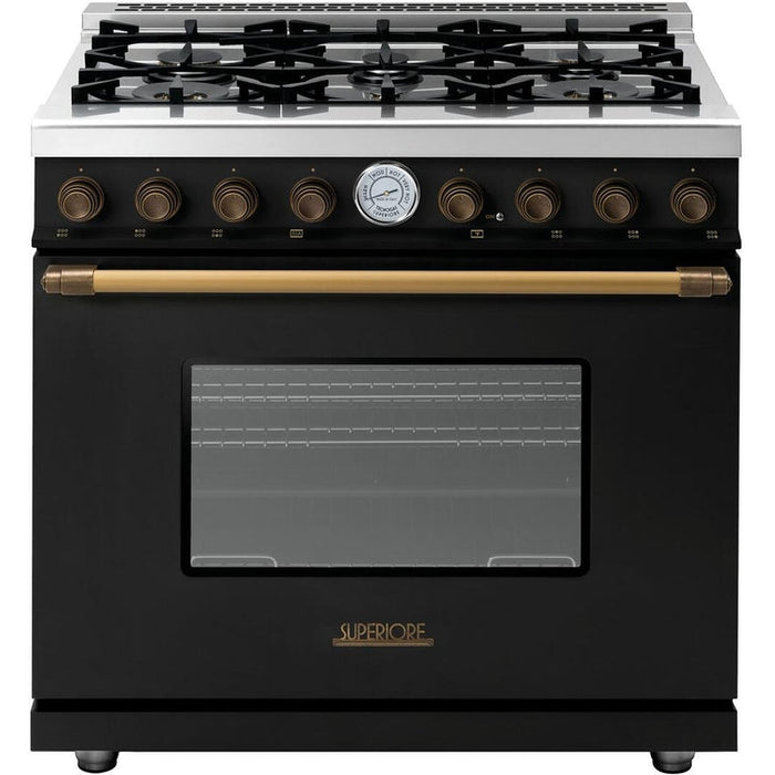 Superiore Deco 36-Inch Gas Freestanding Range in Black Matte with Bronze Trim - RD361GCN_B_