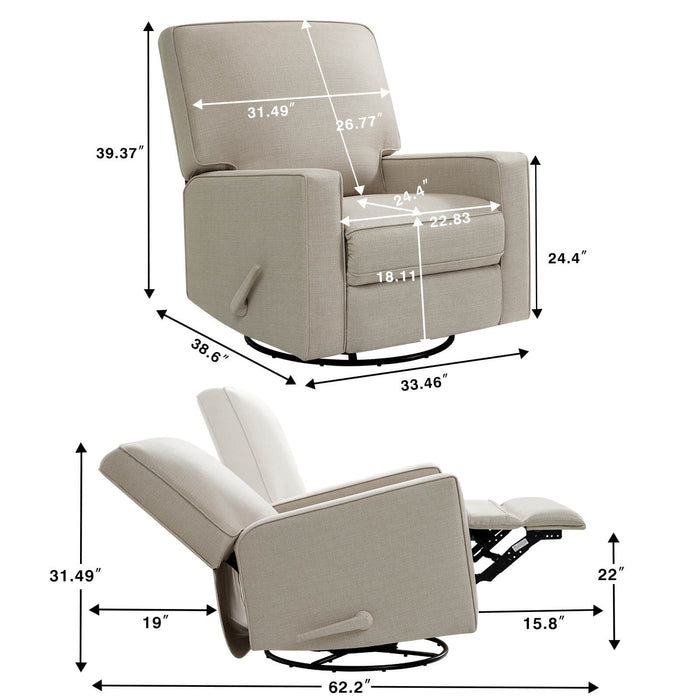 Large Swivel Rocking Recliner, Nursery Swivel Glider Fabric Manual Recliner Chair, Max 360° Swivel 30° Rocking, 35.4" Width