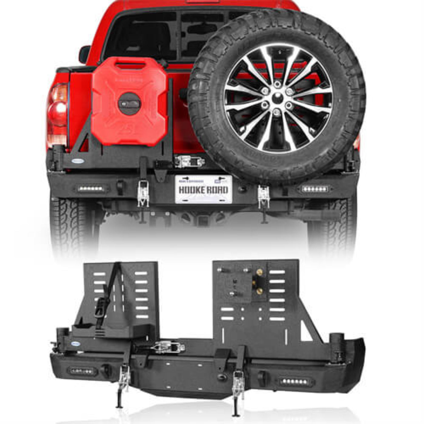 Hooke Road Aftermarket Rear Bumper w/ Dual Swing Arms & Tire Carrier & 5.3-Gallon Jerry Can Holder For 2005-2015 Toyota Tacoma - HE.4036A-S+HE.4036B-S