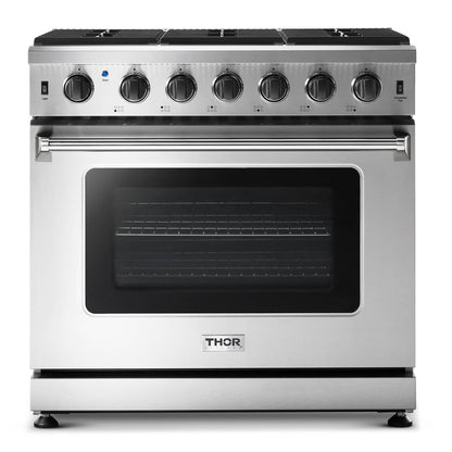 Thor Kitchen 2-Piece Appliance Package - 36-Inch Propane Gas Range  & Premium Wall Mount Hood in Stainless Steel - AP2-LRG36B-LP