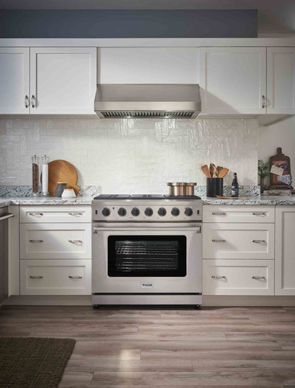Thor Kitchen 4-Piece Appliance Package - 36-Inch Propane Gas Range, French Door Refrigerator, Dishwasher, and Microwave Drawer in Stainless Steel - APR4-LRG36-LP-MW