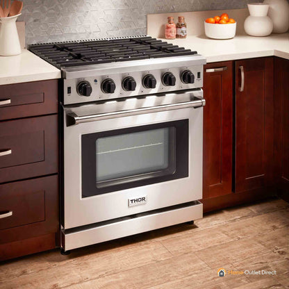 Thor Kitchen 5-Piece Appliance Package - 30-Inch Propane Gas Range, French Door Refrigerator, Wall Mount Hood, Dishwasher, and Microwave Drawer in Stainless Steel - APR5-LRG30B-LP