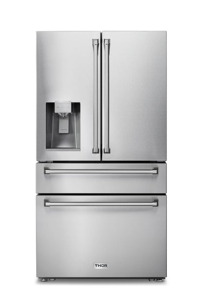 Thor Kitchen 5-Piece Appliance Package - 36-Inch Propane Gas Range, Tilt Panel, Refrigerator with Water Dispenser, Wall Mount Hood, Dishwasher, & Microwave Drawer in Stainless Steel - APW5-TRG36B-LP