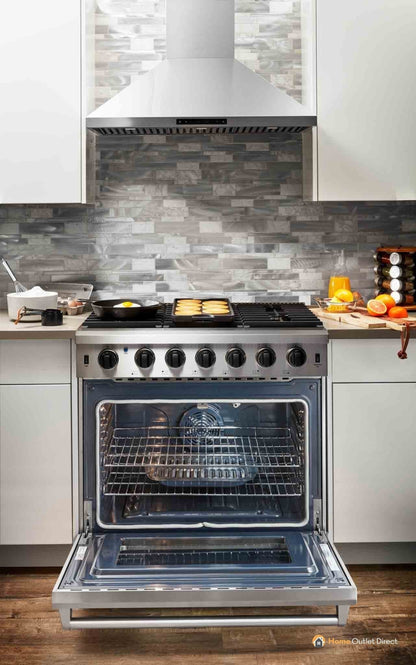 Thor Kitchen 5-Piece Appliance Package - 36-Inch Propane Gas Range, Refrigerator with Water Dispenser, Wall Mount Hood, Dishwasher, & Microwave Drawer in Stainless Steel - APW5-LRG36B-LP