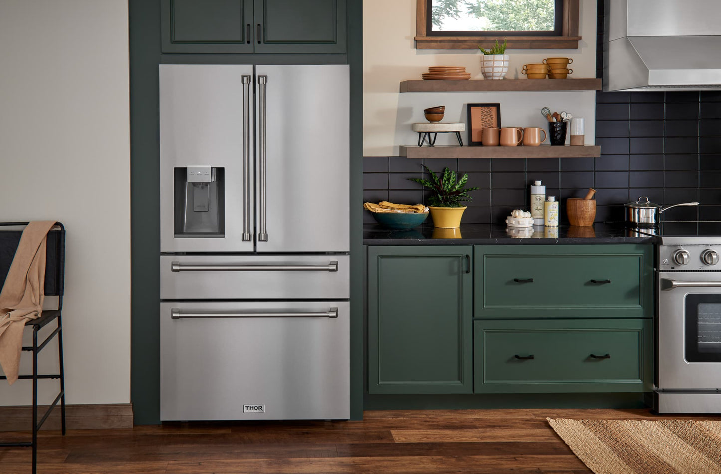Thor Kitchen 5-Piece Appliance Package - 36-Inch Propane Gas Range, Refrigerator with Water Dispenser, Wall Mount Hood, Dishwasher, & Microwave Drawer in Stainless Steel - APW5-LRG36B-LP