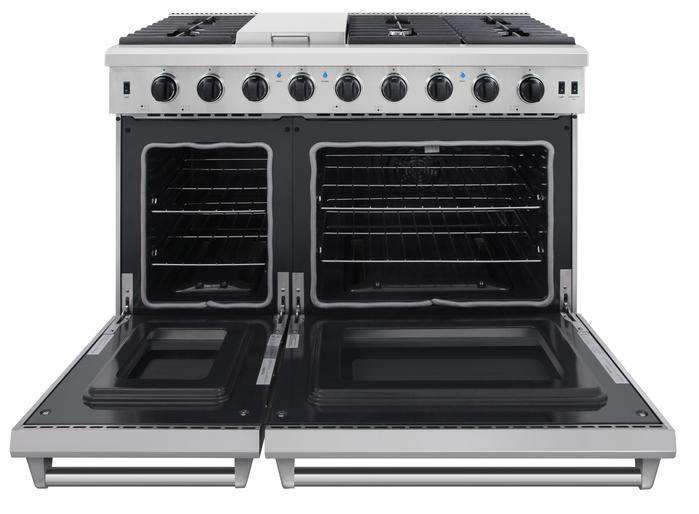 Thor Kitchen 5-Piece Appliance Package - 48-Inch Propane Gas Range, Refrigerator with Water Dispenser, Pro Wall Mount Hood, Dishwasher, & Microwave Drawer in Stainless Steel