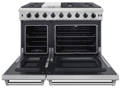 Thor Kitchen 5-Piece Appliance Package - 48-Inch Propane Gas Range, Refrigerator with Water Dispenser, Pro Wall Mount Hood, Dishwasher, & Microwave Drawer in Stainless Steel