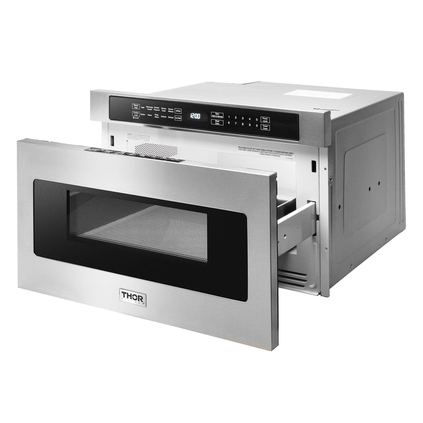 Thor Kitchen 5-Piece Appliance Package - 48-Inch Propane Gas Range, Refrigerator with Water Dispenser, Pro Wall Mount Hood, Dishwasher, & Microwave Drawer in Stainless Steel