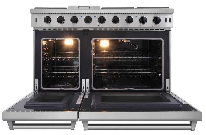 Thor Kitchen 5-Piece Appliance Package - 48-Inch Propane Gas Range, Refrigerator with Water Dispenser, Pro Wall Mount Hood, Dishwasher, & Microwave Drawer in Stainless Steel