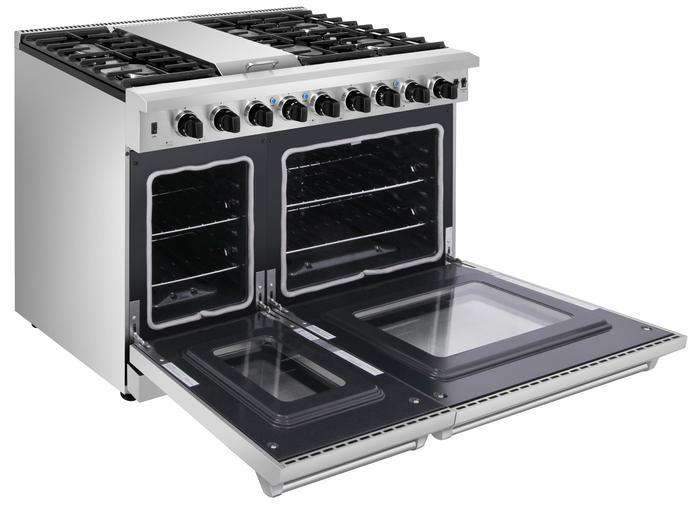 Thor Kitchen 5-Piece Appliance Package - 48-Inch Propane Gas Range, Refrigerator with Water Dispenser, Pro Wall Mount Hood, Dishwasher, & Microwave Drawer in Stainless Steel