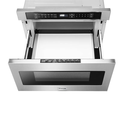 Thor Kitchen 5-Piece Appliance Package - 48-Inch Propane Gas Range, Refrigerator with Water Dispenser, Pro Wall Mount Hood, Dishwasher, & Microwave Drawer in Stainless Steel