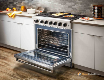 Thor Kitchen 6-Piece Appliance Package - 36-Inch Propane Gas Range, Refrigerator with Water Dispenser, Wall Mount Hood, Dishwasher, Microwave Drawer, & Wine Cooler in Stainless Steel - APW6-LRG36B-LP