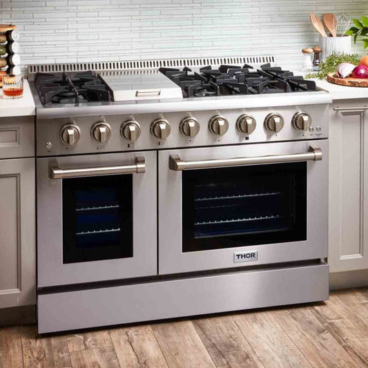 Thor Kitchen 6-Piece Pro Appliance Package - 48-Inch Dual Fuel Range with Propane Gas Cooktop , Refrigerator with Water Dispenser, Dishwasher, Pro Wall Mount Hood, Microwave Drawer, & Wine Cooler in Stainless Steel - APW6-HRD48C-LP