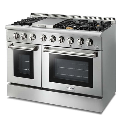 Thor Kitchen 6-Piece Pro Appliance Package - 48-Inch Dual Fuel Range with Propane Gas Cooktop , Refrigerator with Water Dispenser, Dishwasher, Pro Wall Mount Hood, Microwave Drawer, & Wine Cooler in Stainless Steel - APW6-HRD48C-LP