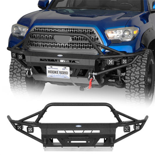 Hooke Road Tube Front Bumper w/ Winch Plate & 4 LED Spot Lights (16-23 Toyota Tacoma 3rd Gen)  - HE.4226A-S+HE.4226B-S