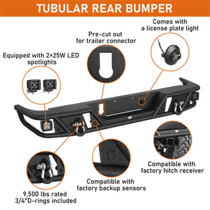 Hooke Road Tubular Rear Bumper w/ Spotlights (20-25 Jeep Gladiator JT) - HE.7028-S