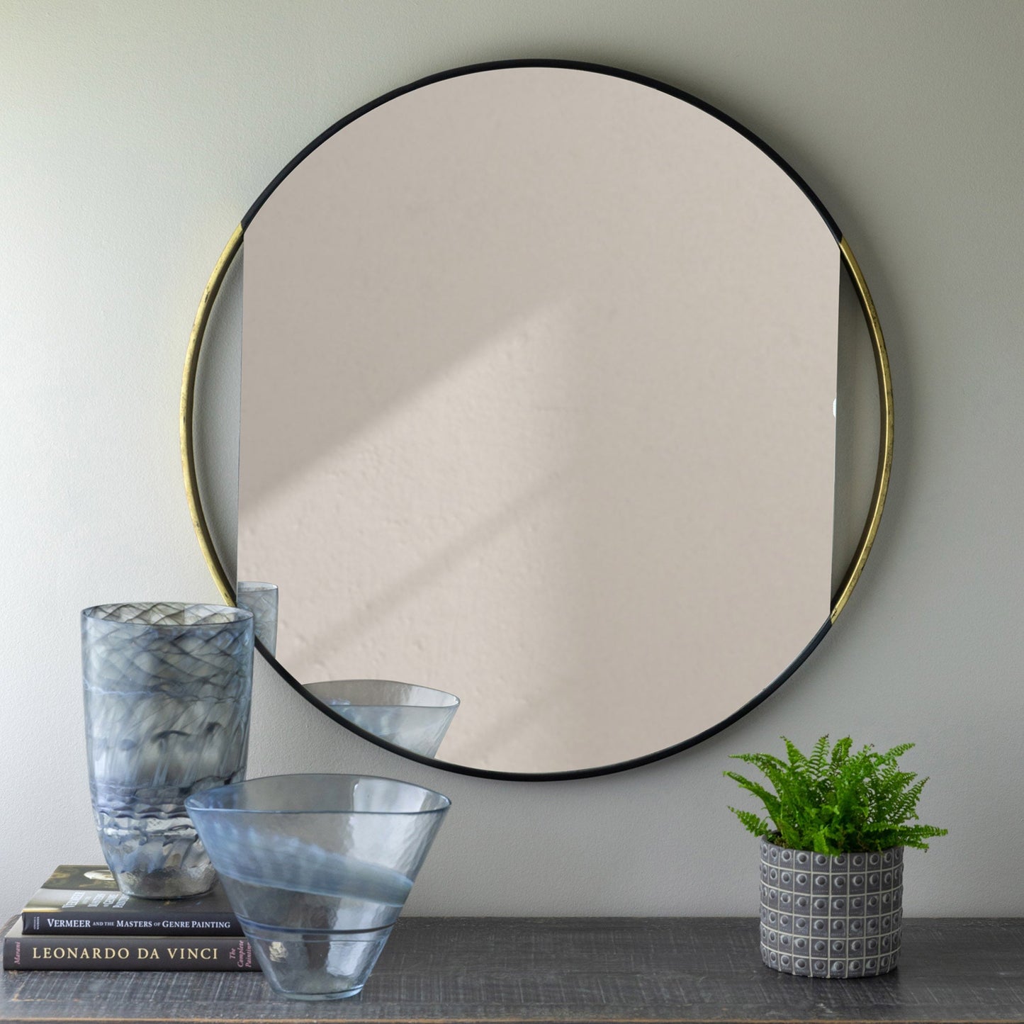 Park Hill Collection Clark Geometric Round Mirror with Antique Gold Rim - Elevate Your Modern Home Décor Today! - EWI20236