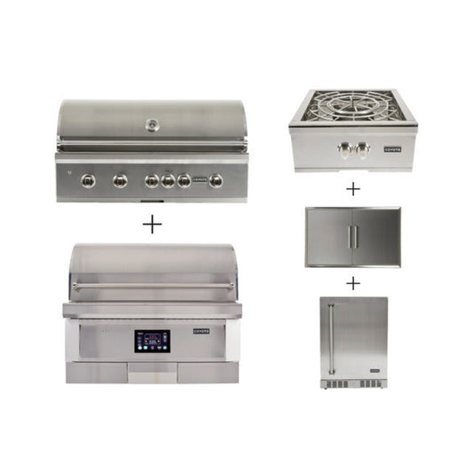 Coyote S-Series 42" Ultimate Grill Package - Includes Grill, 36" Pellet Grill, 39" Double Access Door, Power Burner, & 24" Outdoor Refrigerator - C2SL42+C1P36+CDA2439+C1PB+C1BIR24-R