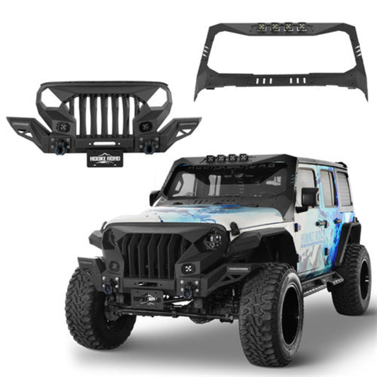 Hooke Road Mad Max Front Bumper w/Wings & Windshield Frame Cover(18-25 Jeep Wrangler JL & Gladiator JT(Excluding Wrangler 4xe, Rubicon 392, JT Mojave) - HE.3020A-1S+HE.3020B-1S+HE.3024-S