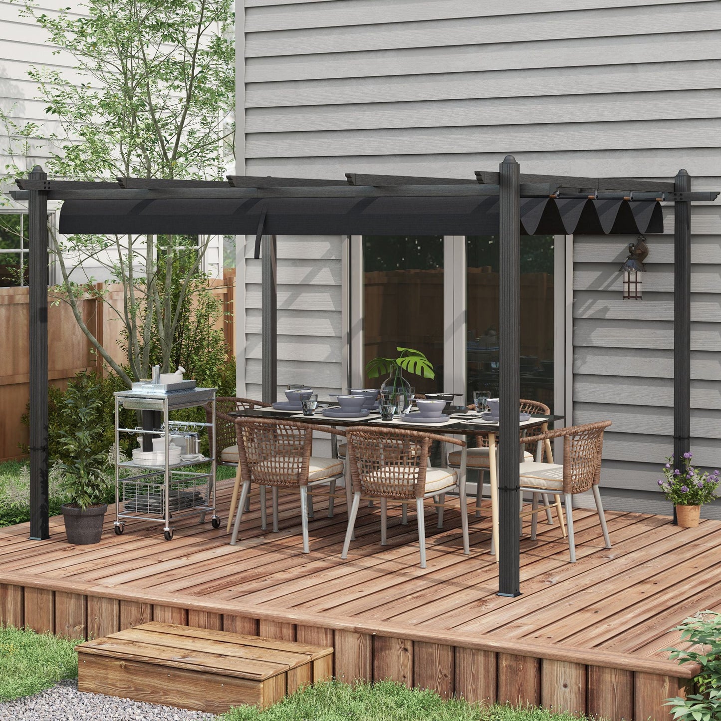 Outsunny 10' x 13' Retractable Pergola Canopy, Wood Grain Aluminum Frame, for Outdoor Shade Shelter, Gray - 84C-472V02GY