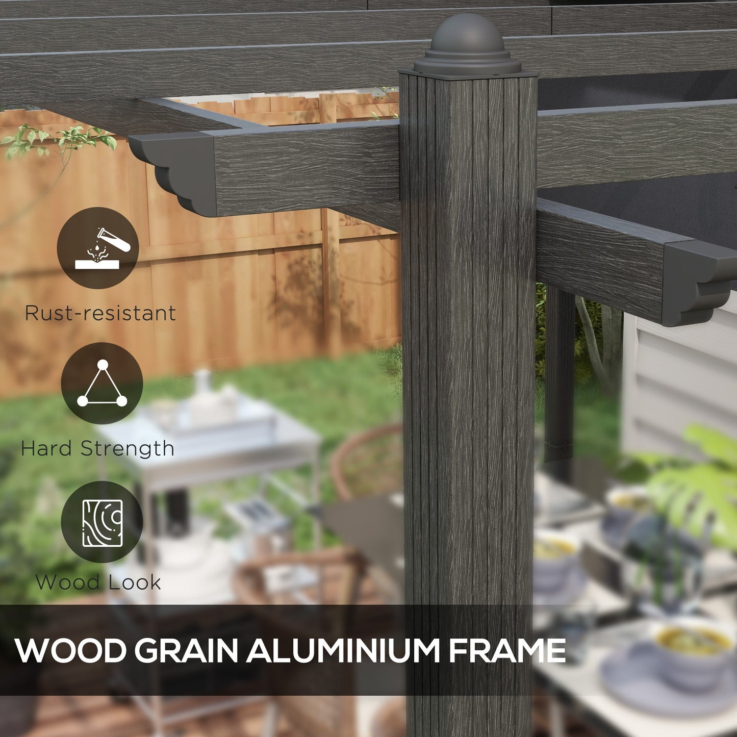 Outsunny 10' x 13' Retractable Pergola Canopy, Wood Grain Aluminum Frame, for Outdoor Shade Shelter, Gray - 84C-472V02GY