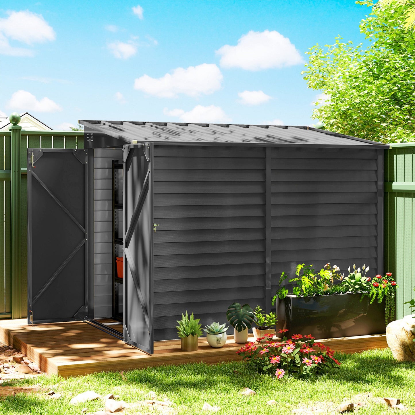 Outsunny 4.6' x 9' Steel Outdoor Storage Shed, with Foundation Kit, Lockable Doors and Gloves, Dark Gray - 845-841V01CG