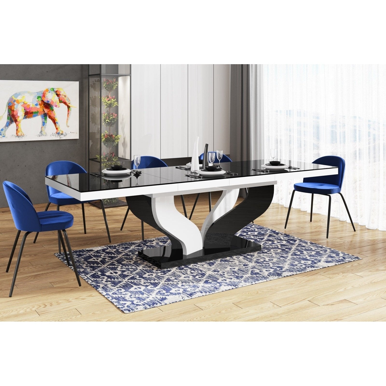 Maxima House Dining Set AVIVA 7 pcs. black/ white modern glossy Dining Table with 2 self-storing leaves plus 6 chairs - HU0062K-314B